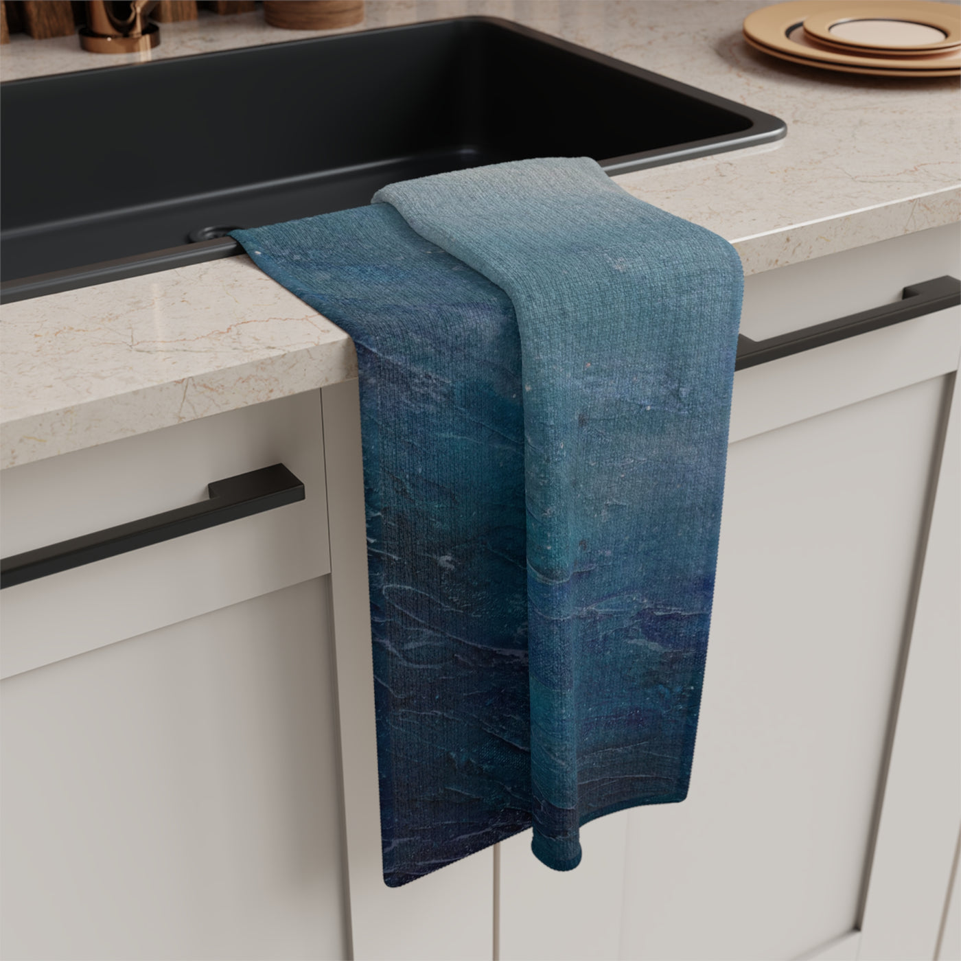 Ocean Wave Microfiber Tea Towel — Blue Coastal Abstract Kitchen Towel