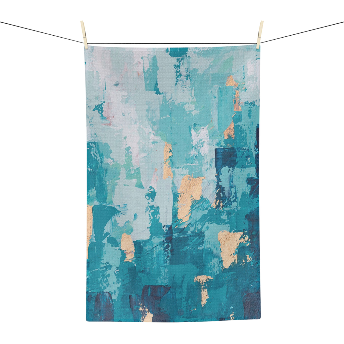 Abstract Teal & Gold Microfiber Tea Towel — Coastal Brushstroke Kitchen Towel