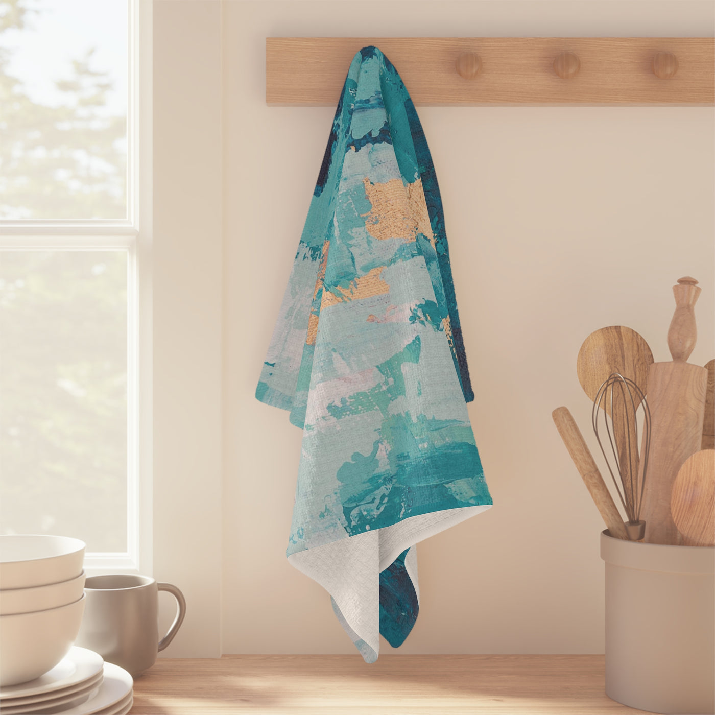 Abstract Teal & Gold Microfiber Tea Towel — Coastal Brushstroke Kitchen Towel