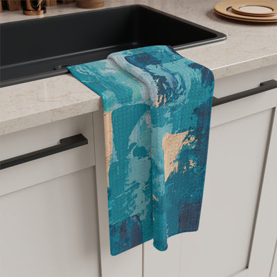 Abstract Teal & Gold Microfiber Tea Towel — Coastal Brushstroke Kitchen Towel