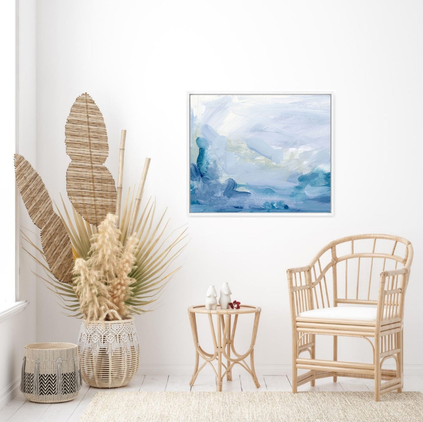 abstract blue painting in coastal room