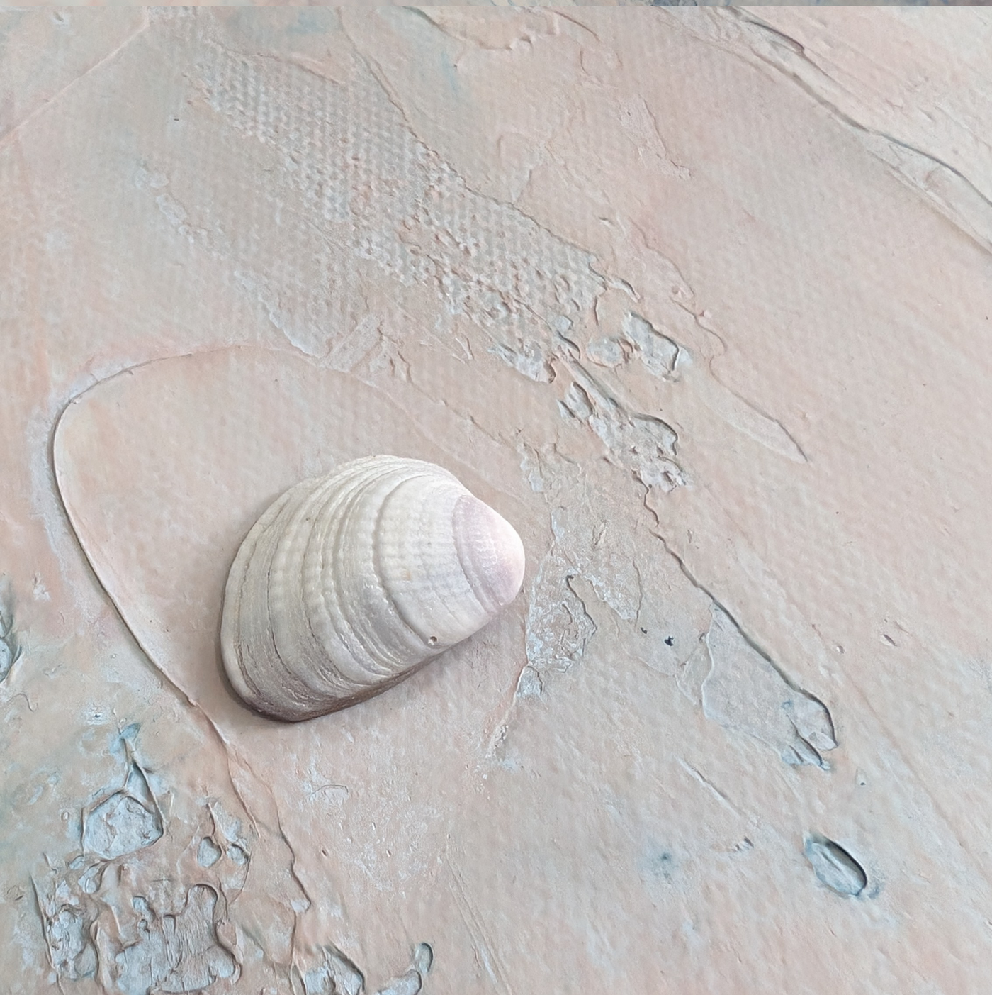 sheashell sitting on top of painting that mimics the texture and color of the shell