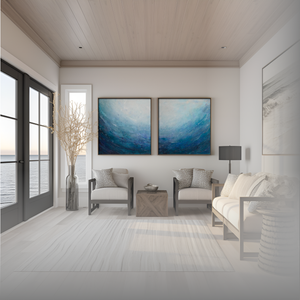 set of two square abstract paintings with blue paint and texture to look like an ocean wave