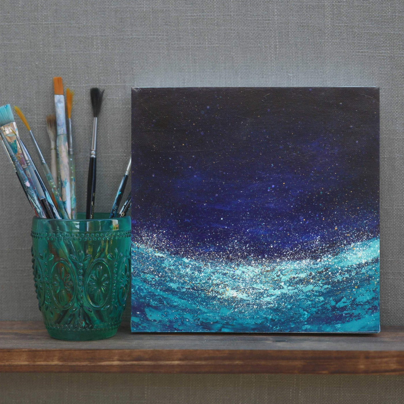 abstract painting of ocean at night - blue and teal small painting