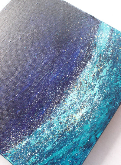 abstract painting of ocean at night - blue and teal small painting