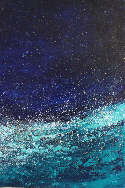 abstract painting of ocean at night - blue and teal small painting