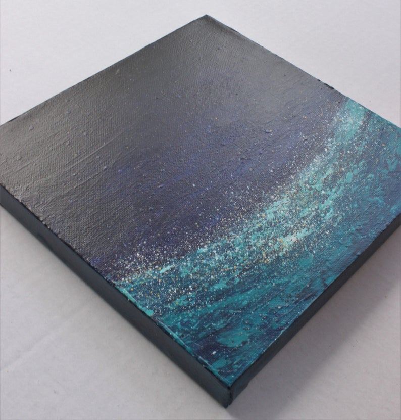 abstract painting of ocean at night - blue and teal small painting