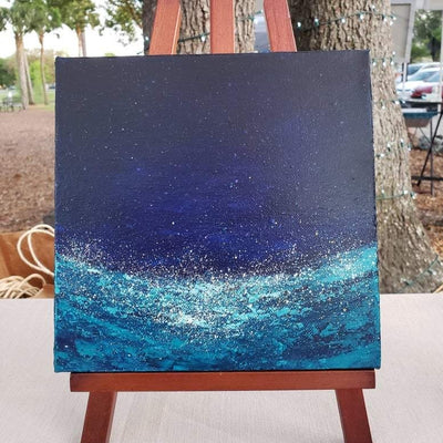 abstract painting of ocean at night - blue and teal small painting