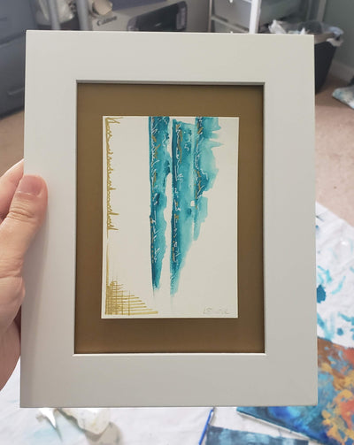 Framed Mini Teal Abstract Painting on Paper | 100 Day Project