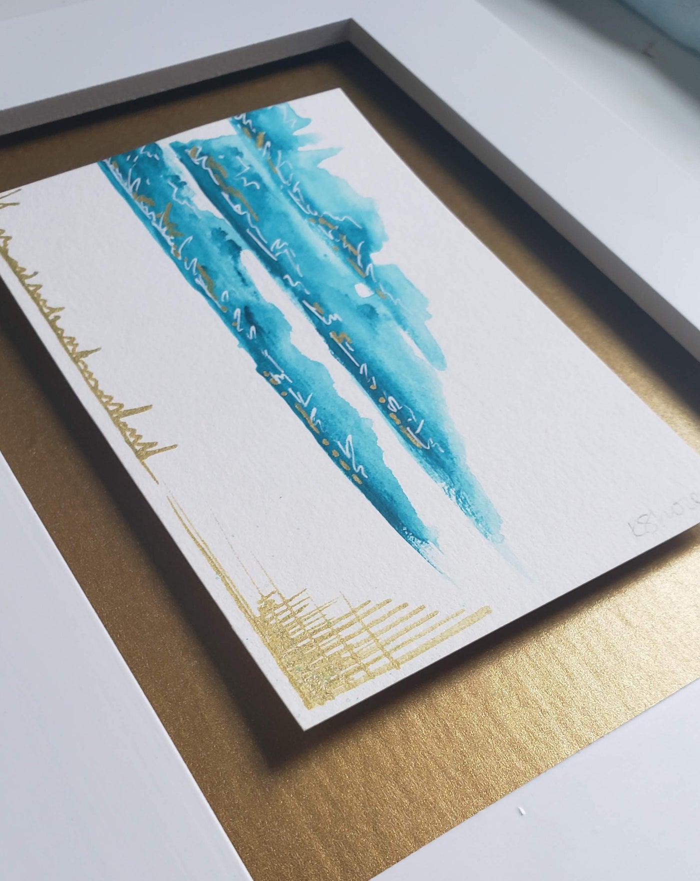 Framed Mini Teal Abstract Painting on Paper | 100 Day Project